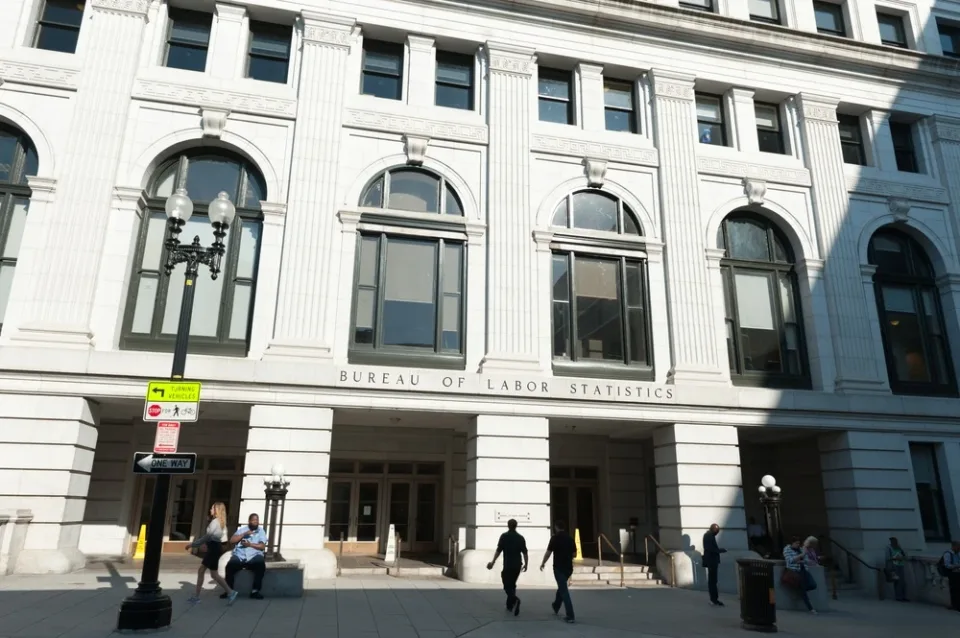 Archival 2017 photograph of the Bureau of Labor Statistics entrance at the Postal Square Building in Washington, D.C.