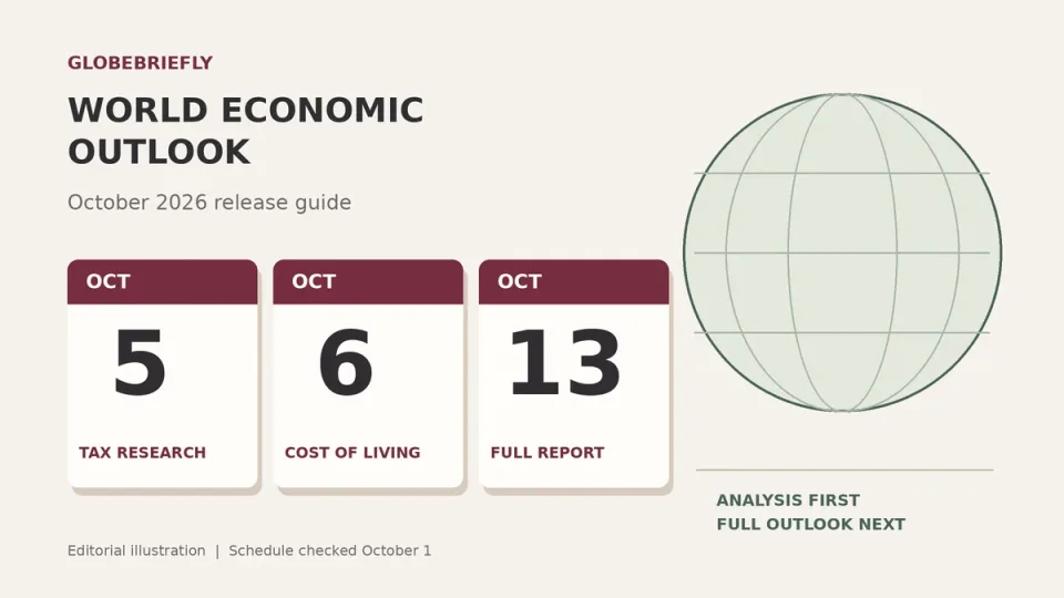 Original editorial illustration with calendar dates October 5, 6 and 13, 2026, marking the IMF WEO analytical chapters and full report.